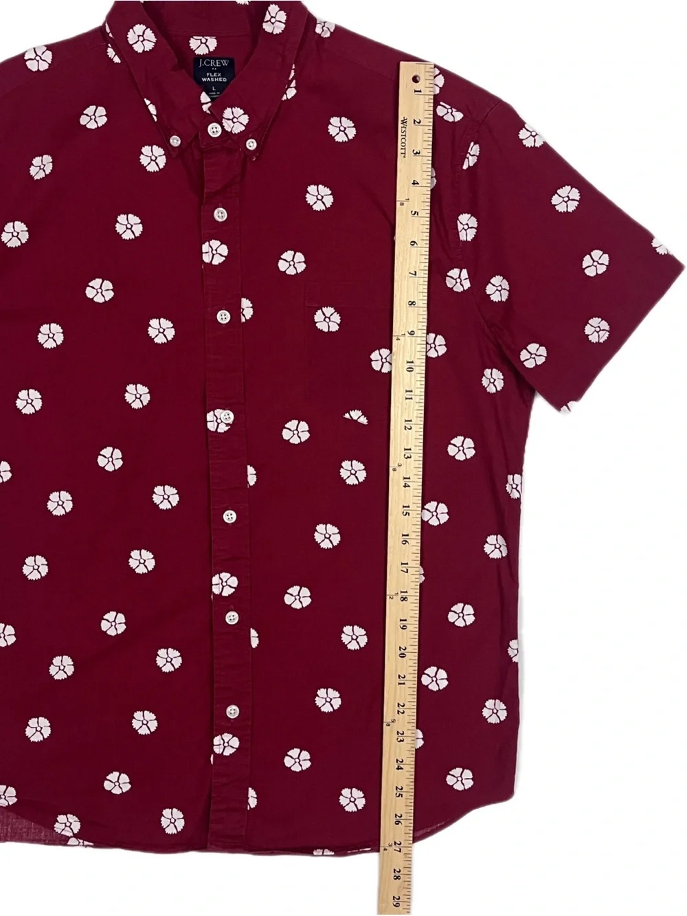 J. Crew Flex Washed Men's L Burgundy Short Sleeve Button-Down White Floral Print
